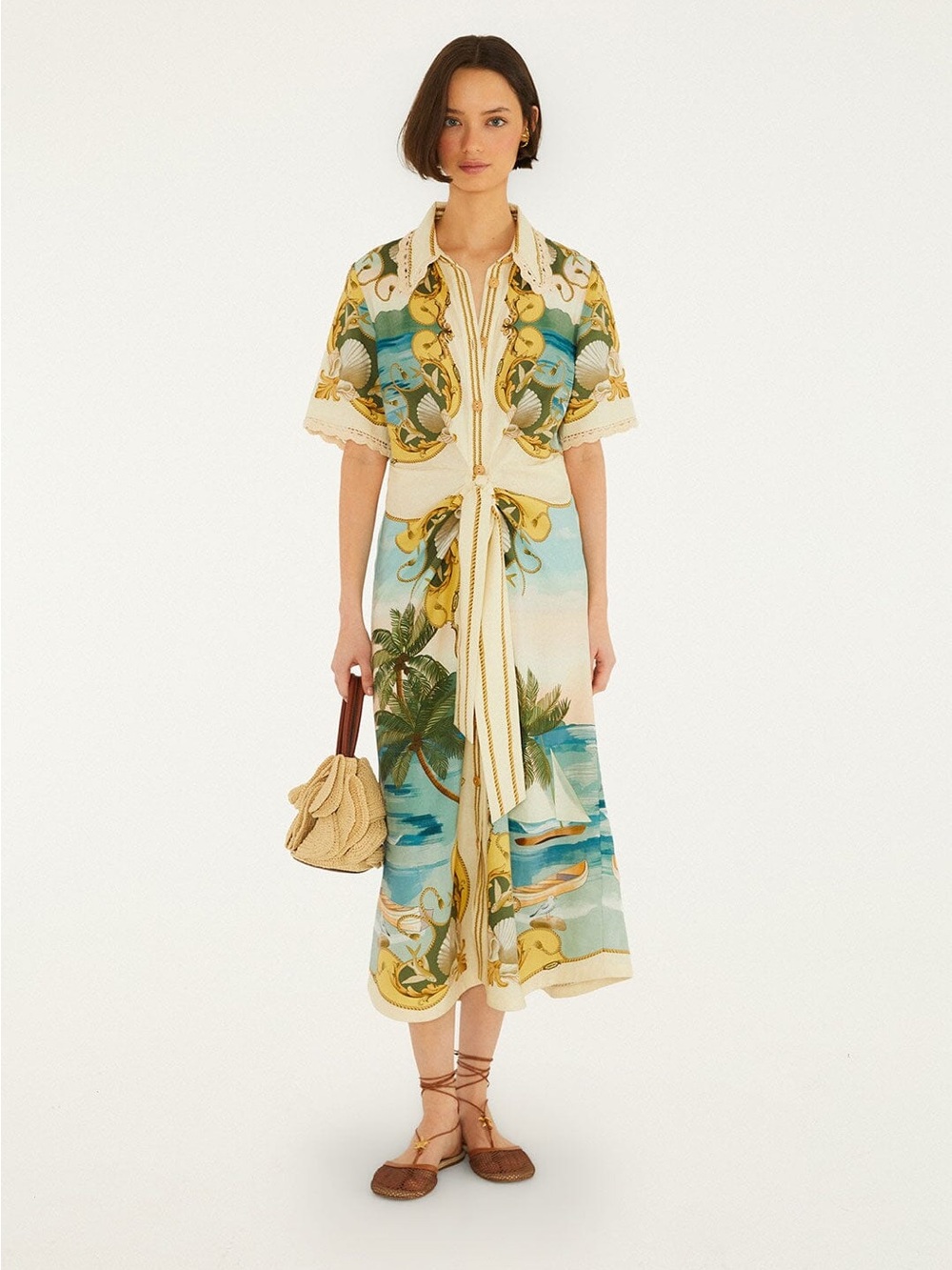 Off-White Royal Sea Collared Midi Dress by Farm Rio